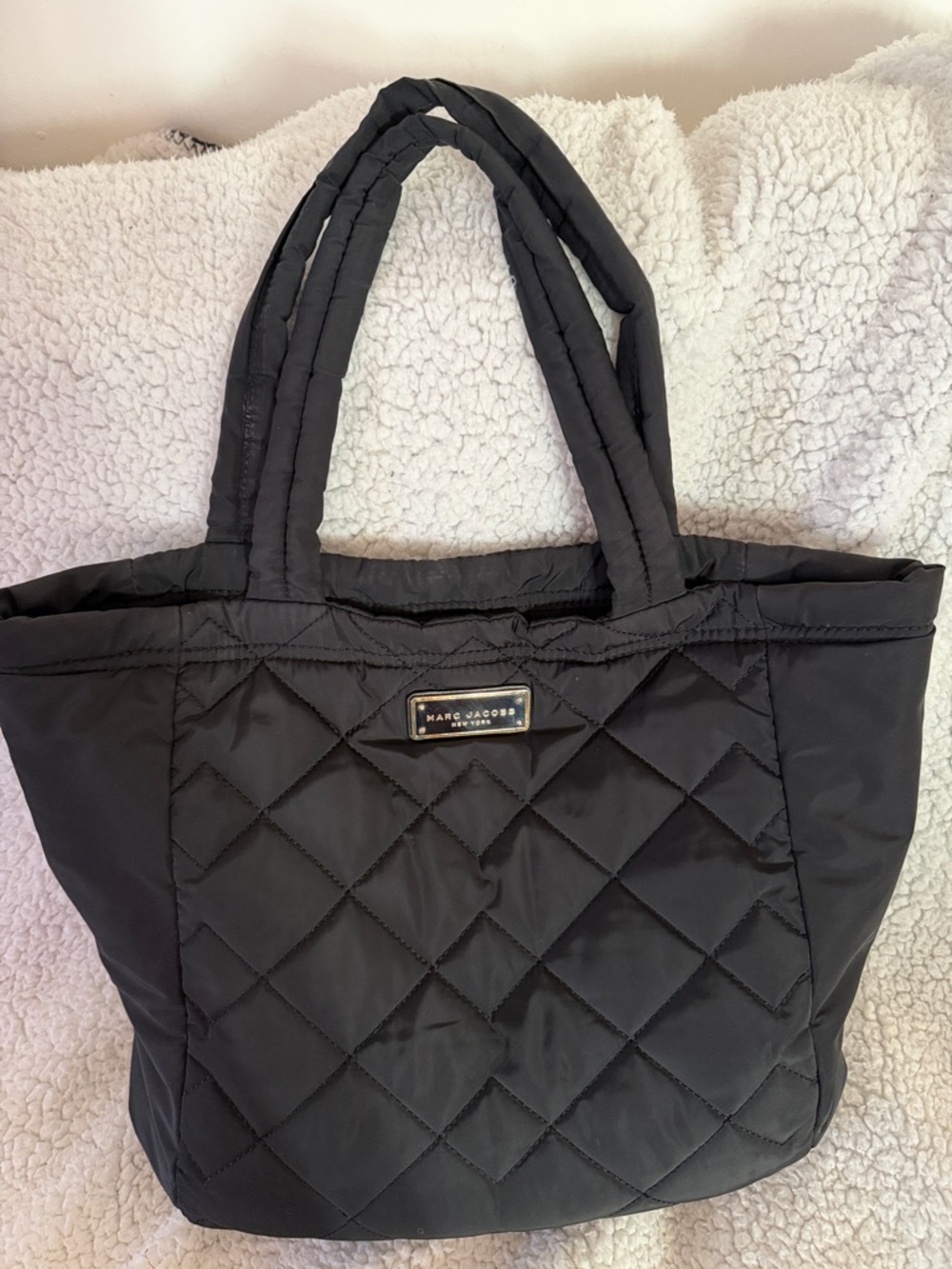 Marc Jacobs Black Quilted Nylon Tote with Logo Plaque